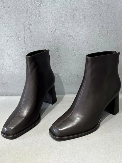 Concise Female Genuine Leather Square Toe Chunky Heel Ankle Boots Versatile Solid Color Cowhide Zipper Hard Wearing Footwear