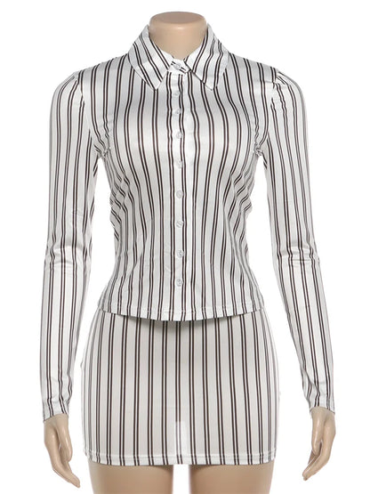 Weird Puss Stripes Print 2-Piece Set Women Tracksuit Crop Blouse+Peach Hip Skirts Matching Streetwear Office Elegant Outfits