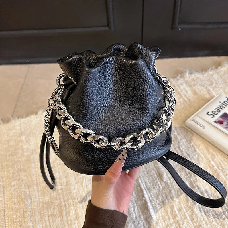 100% Genuine Leather Women Shoulder Crossbody Bags High Quality Solid Color Cow Leather Bucket Handbag Luxury Female Sac
