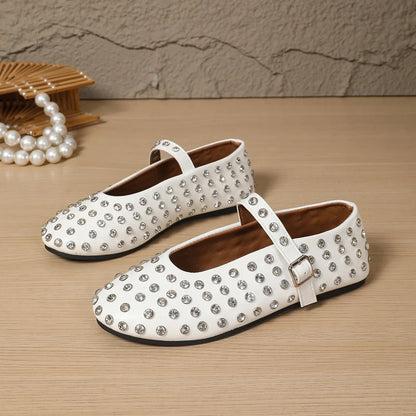 Women's Flat Dress Shoes Bottom Mary Jane Water Diamond Casual Dancing Shoes Genuine Leather Single Shoes Luxury Ballet Flats