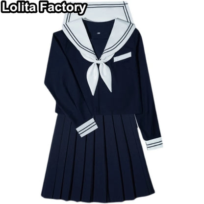 65cm longuette JK Uniform Sets Japanese Women girls uniform dark blue Short/long Sleeve School Uniforms Sailor Pleated Skirt