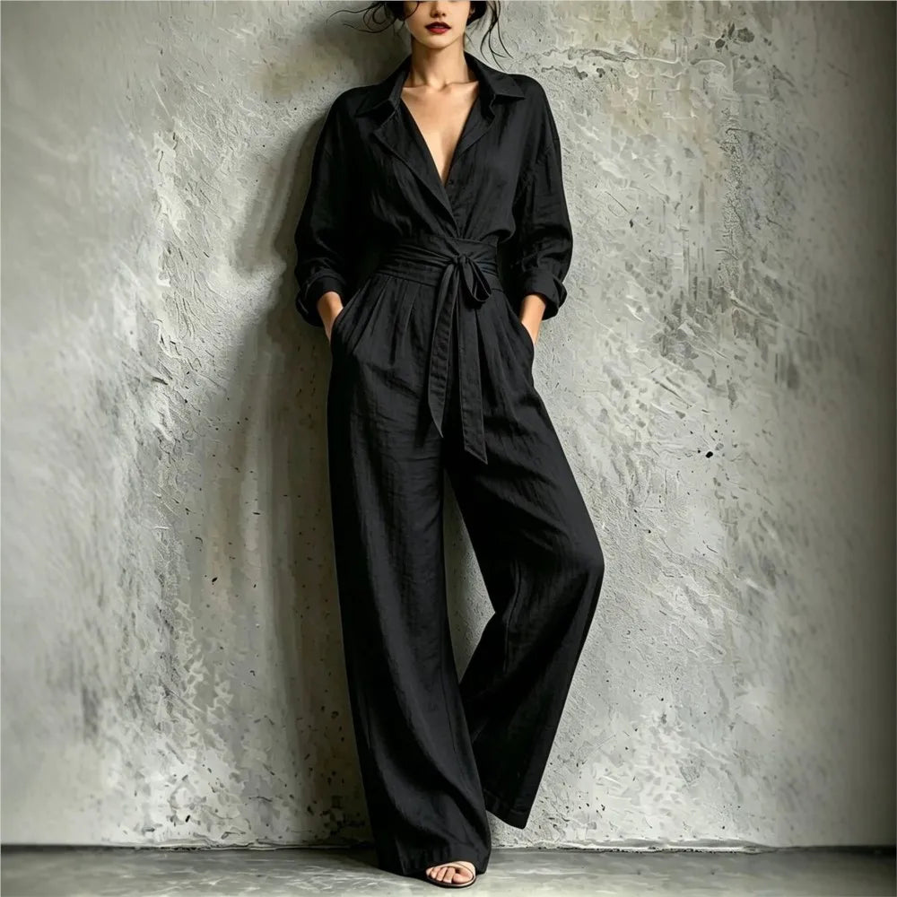 Fashion Lapel Shirt Long Sleeve Women's Jumpsuit Autumn Slim Waist Tie Loose Wide Leg Pants Pocket Female Office Rompers 2026