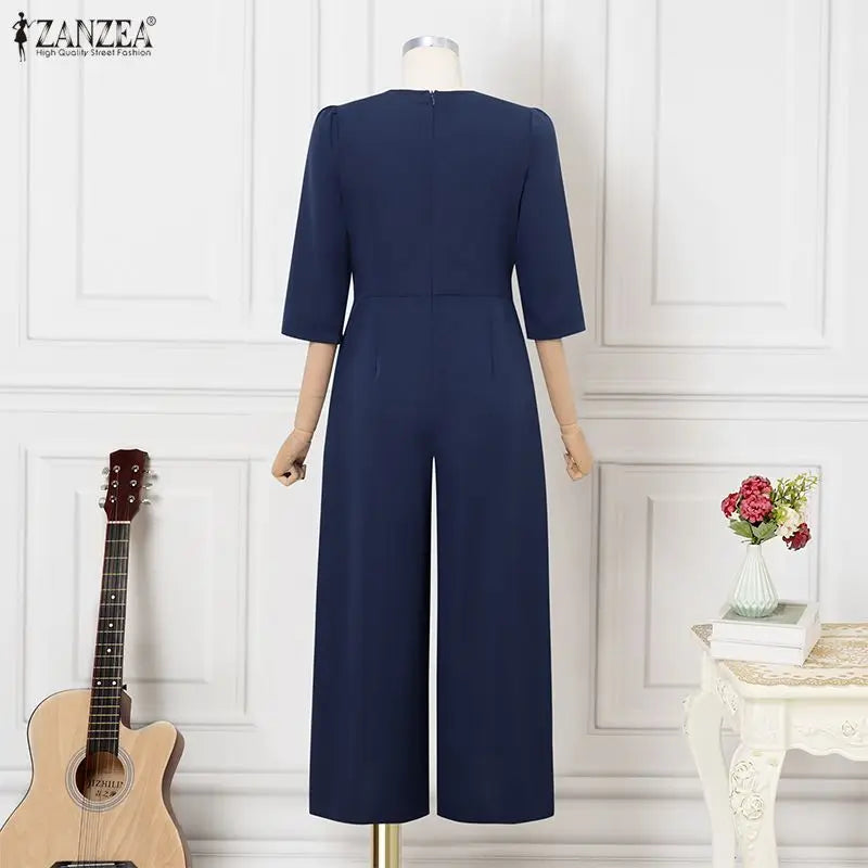 ZANZEA OL Work Party Women Jumpsuits Solid Color Summer 3/4 Sleeve Sevy V Neck Rompers Solid Playsuits Wide Leg Pants Streetwear