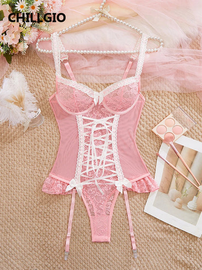 CHILLGIO Women Lace Strappy Rompers Lingerie One Piece Combination Onesie Erotic Tights Fashion Sexy Sheer Transparent Bodysuits