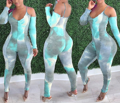 Foreign trade tie-dye print deep V-neck sexy camisole long-sleeved jumpsuit for women