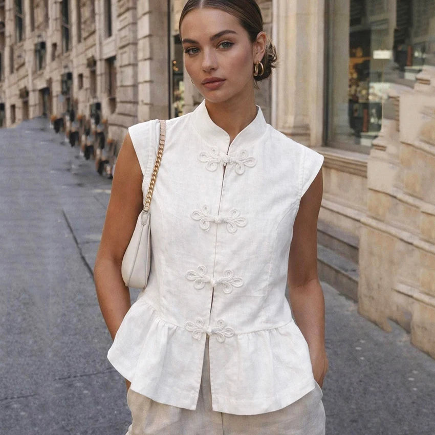 Linad Summer Chinese Style White Single Breasted Vest Woman Vintage Slim Stand Collar Tops 2026 Street Chic Sleeveless Tank Top