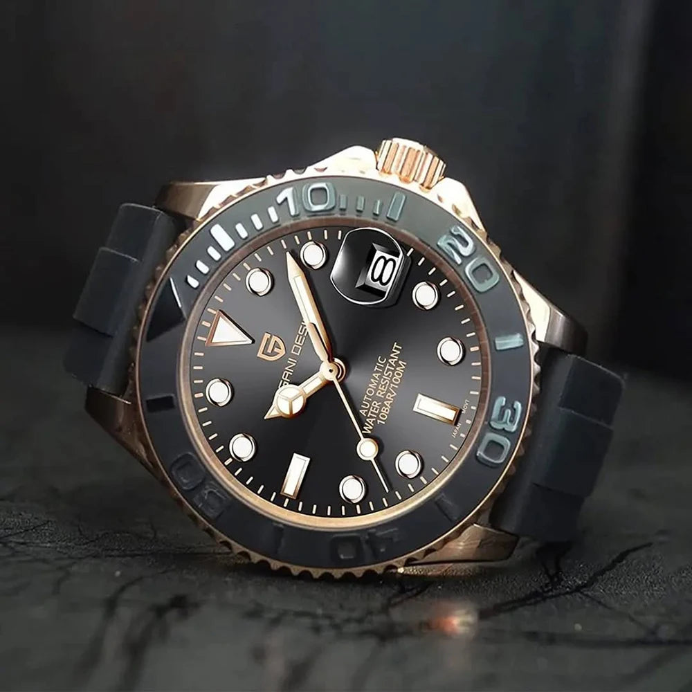 Hot Top PAGANI DESIGN Men Automatic Mechanical Watch Rose Gold Case Black Rubber Strap Dive Watch Sapphire Glass 100M Waterproof Luminous Date Sport Mens Wristwatch Relogio Masculino