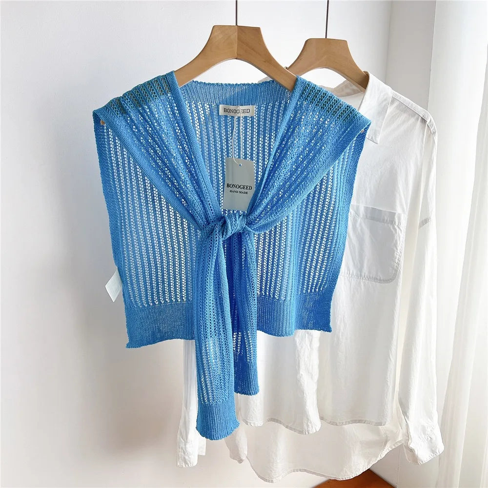 Women Plain Solid Lace Hollow Out Shawls Summer Air Conditioning Fake Collar Neck Guard Knit Thin Knotted Cape Shoulder Scarves