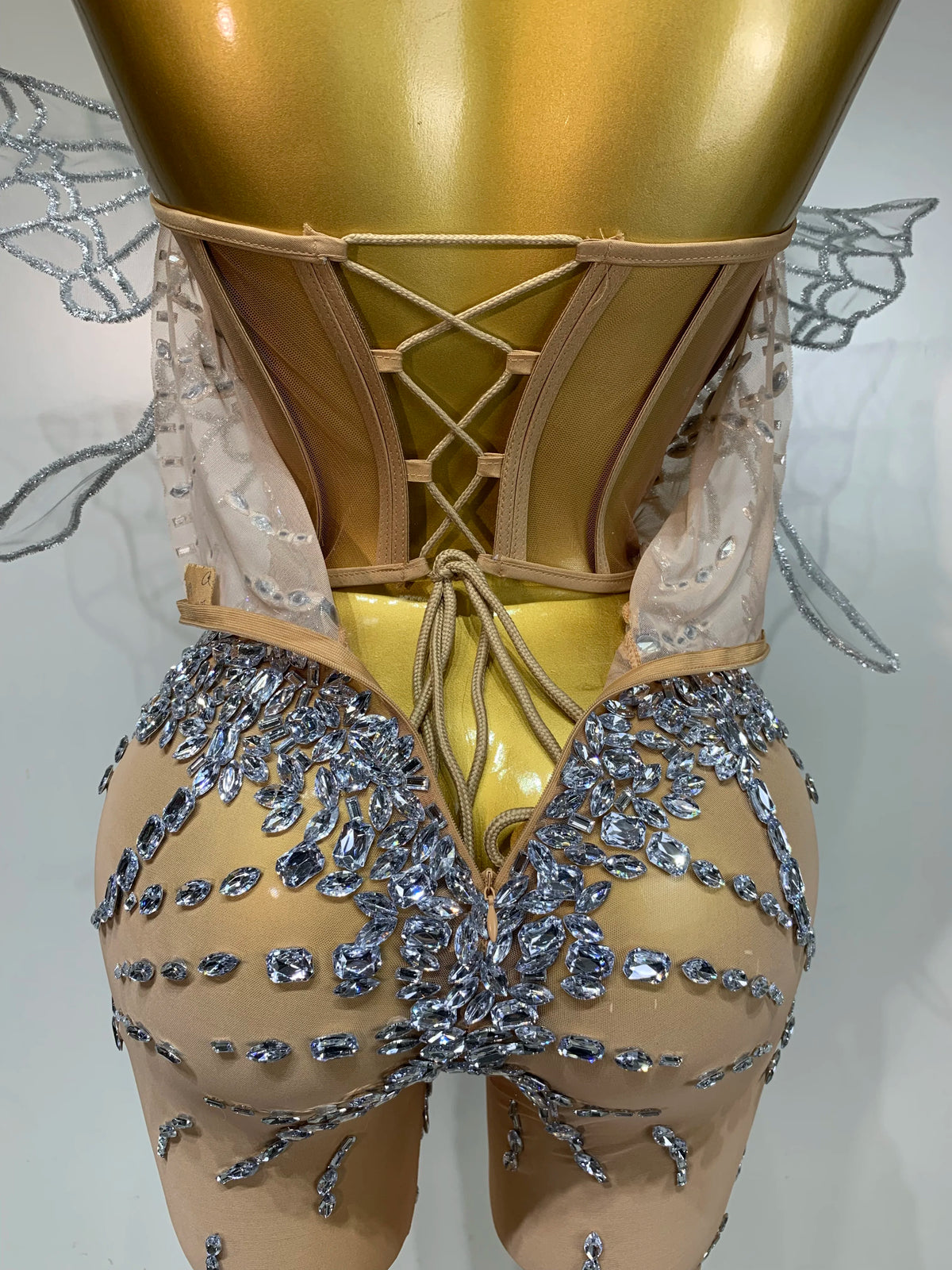 Sparkly Silver Diamond Butterfly Strapless Sheer See Through Jumpsuit Eveing Party Birthday Bar Nightclub Sexy Stage Costumes