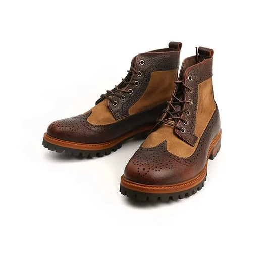 New Fashion Vintage Real Leather Handmade Men Boots Round Toe Lace-Up Tooling Brogue Shoes Desert Motorcycle Boots Mixed Colors