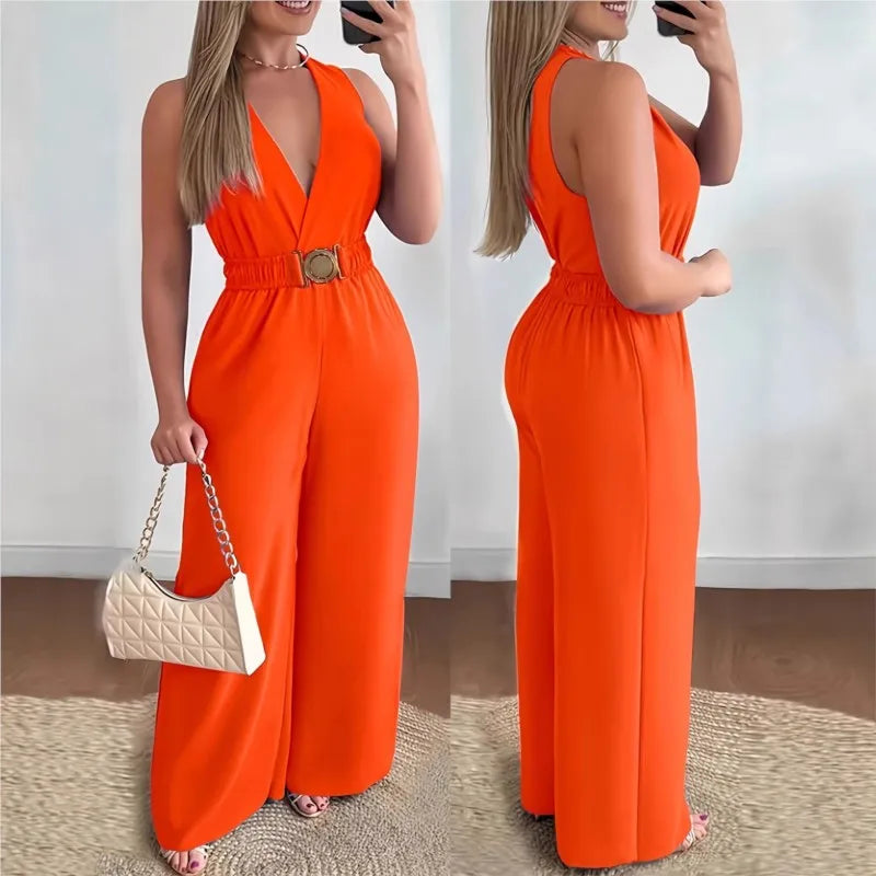 Fashion Elegant High Waist Jumpsuit Women 2026 New Summer V-neck Sleeveless Solid color Wide Leg Pants Romper Jumpsuits Overalls