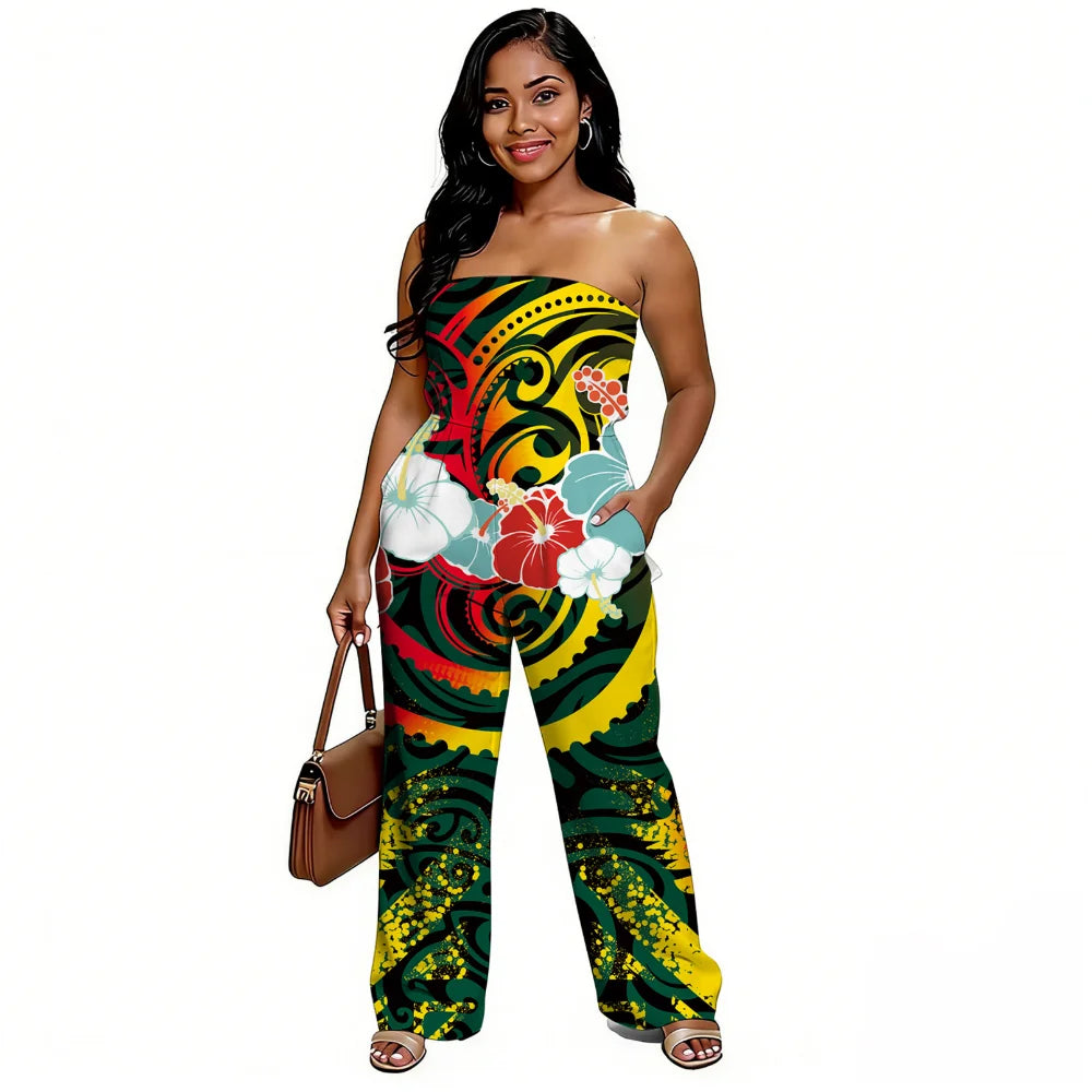 Newly designed Polynesian-style casual loose-shoulder women's one-piece pants with ethnic style - Samoan wide-leg pants