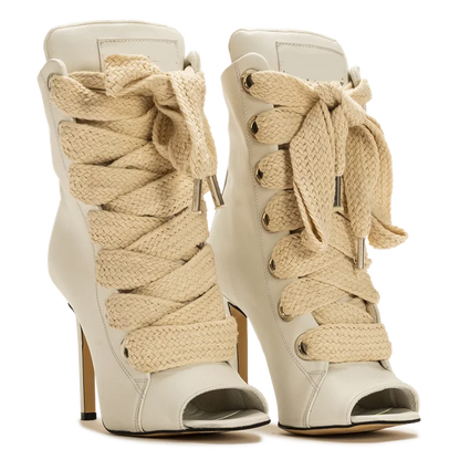 Peep Toe Corss Tied Patchwork Ankle Boots Sexy Square Toe Thick Heel New Arrivals Fashion Women Runway Shoes