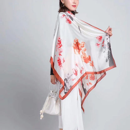 Designer Almond Blossoms Printed Silk Scarf Women Luxury Sun Protection Shawl Ladies Summer Beach Pareo Sarong Travel Wrap 180cm