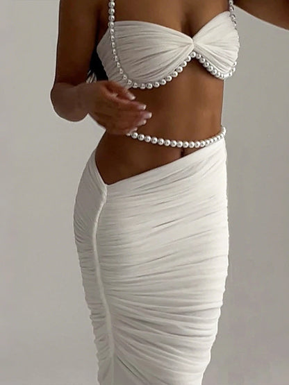 Weird Puss Sexy Bead Patchwork 2-Piece Set Women Ruched Halter Bra+Waistless Bottom Matching Elegant Beach Vacation Slim Outfits