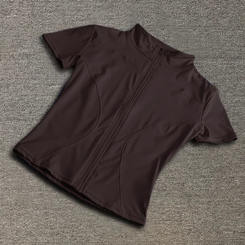 Summer High Quality Waist Slimming Training Tops Women's Quick-drying Tight Stand Collar Full Zipper Short Sleeves Yoga Shirts