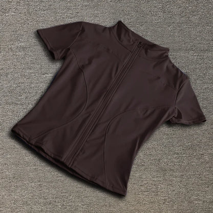 Summer High Quality Waist Slimming Training Tops Women's Quick-drying Tight Stand Collar Full Zipper Short Sleeves Yoga Shirts