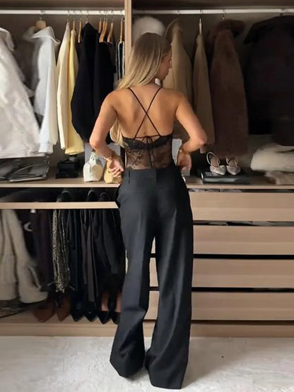 Women's Bodysuit Lace Patchwork Hollow Out Bodysuits Transparent Female Deep V See Through Partywear Spring Sexy Ladies Clubwear