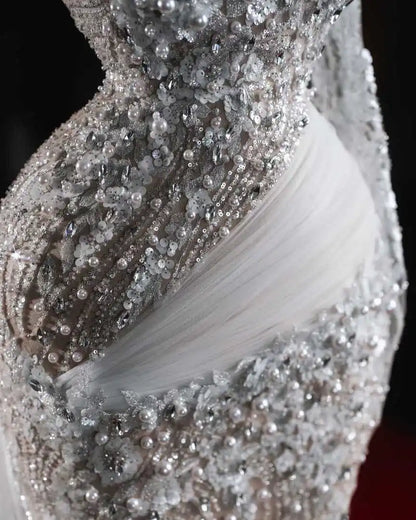 Luxury Mermaid Wedding Dresses Pearls Sequins One Shoulder Bridal Gowns Prom Dresses Sweep Train Vestido De Novia Customized