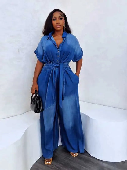 Denim Jumpsuits for Women Soft Denim Fabric One Piece Jumpsuit High Waist Blue Wide Jumpsuit with Pockets Ladies Summer Outfits
