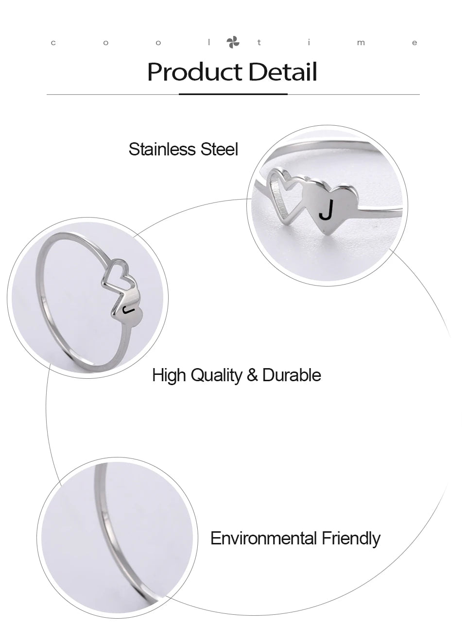 COOLTIME Initial Letter Ring for Women Stainless Steel A-Z Alphabet Double Heart Rings Simple Wedding Cheap Gift For Lover