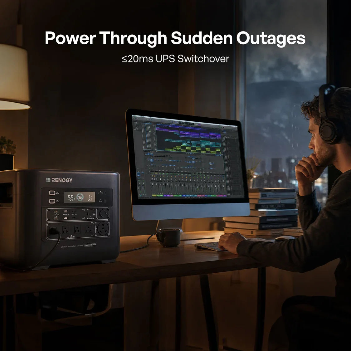 Renogy PowerStation 2000 Portable Power Station, 2048Wh LiFePO4 Solar Generator, 2400W/3600W Surge, TT-30 RV Outlet, ≤20ms UPS Backup, 25dB Quiet, 1-Hr Fast Charge for Home & Off-Grid