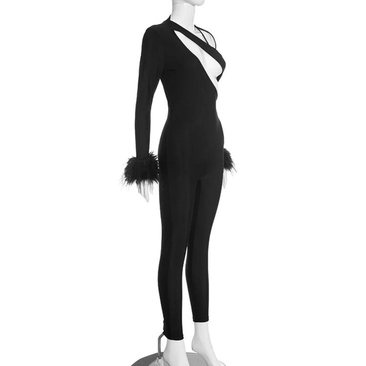 FLARORA Sexy Hollow Out Jumpsuits Woman Faux Fur Patchwork Skew Neck Full Sleeve Backless Skinny Peach Hip Party Club Overalls