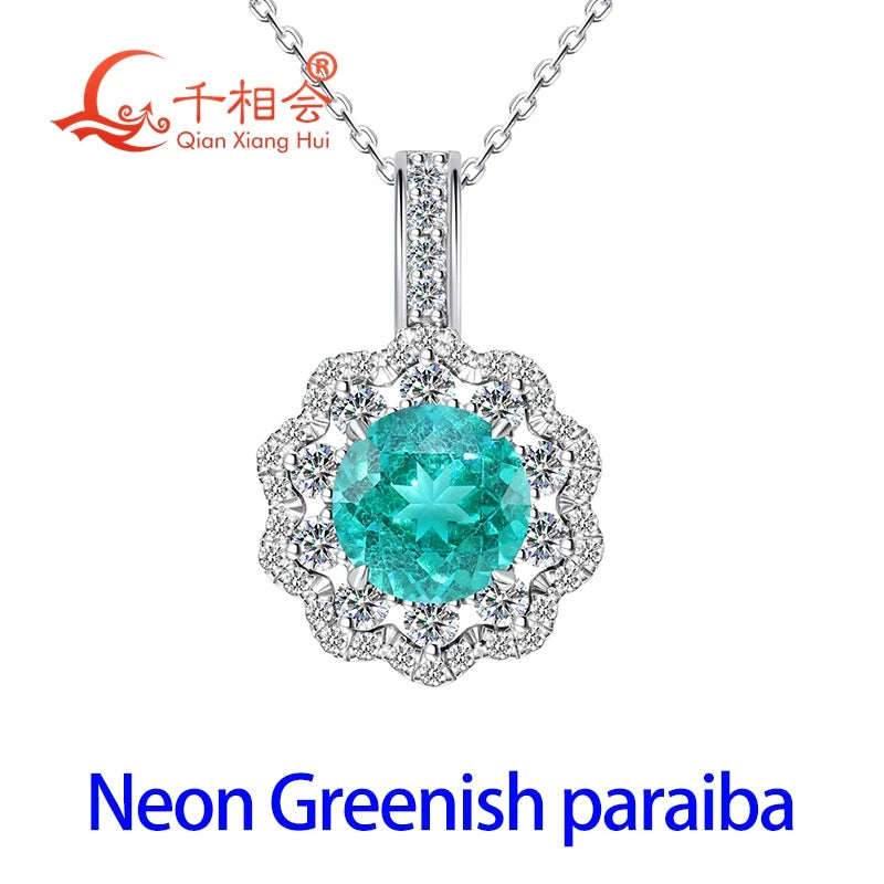925 Sterling Silver 8mm Round YAG Paraiba Neon Blue/Greenish  Tourmaline Pendant Necklace, Flower Halo Moissanite Pendant Women