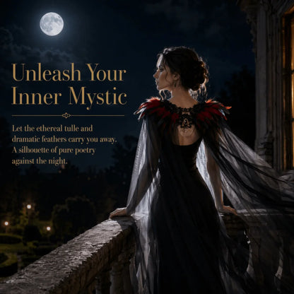 Black Halloween Feather Cloak Elegant Mesh Fringe Hollow Lace Mesh Cape Fur Collar Flowing Festival Costume Cape Gothic Carnival