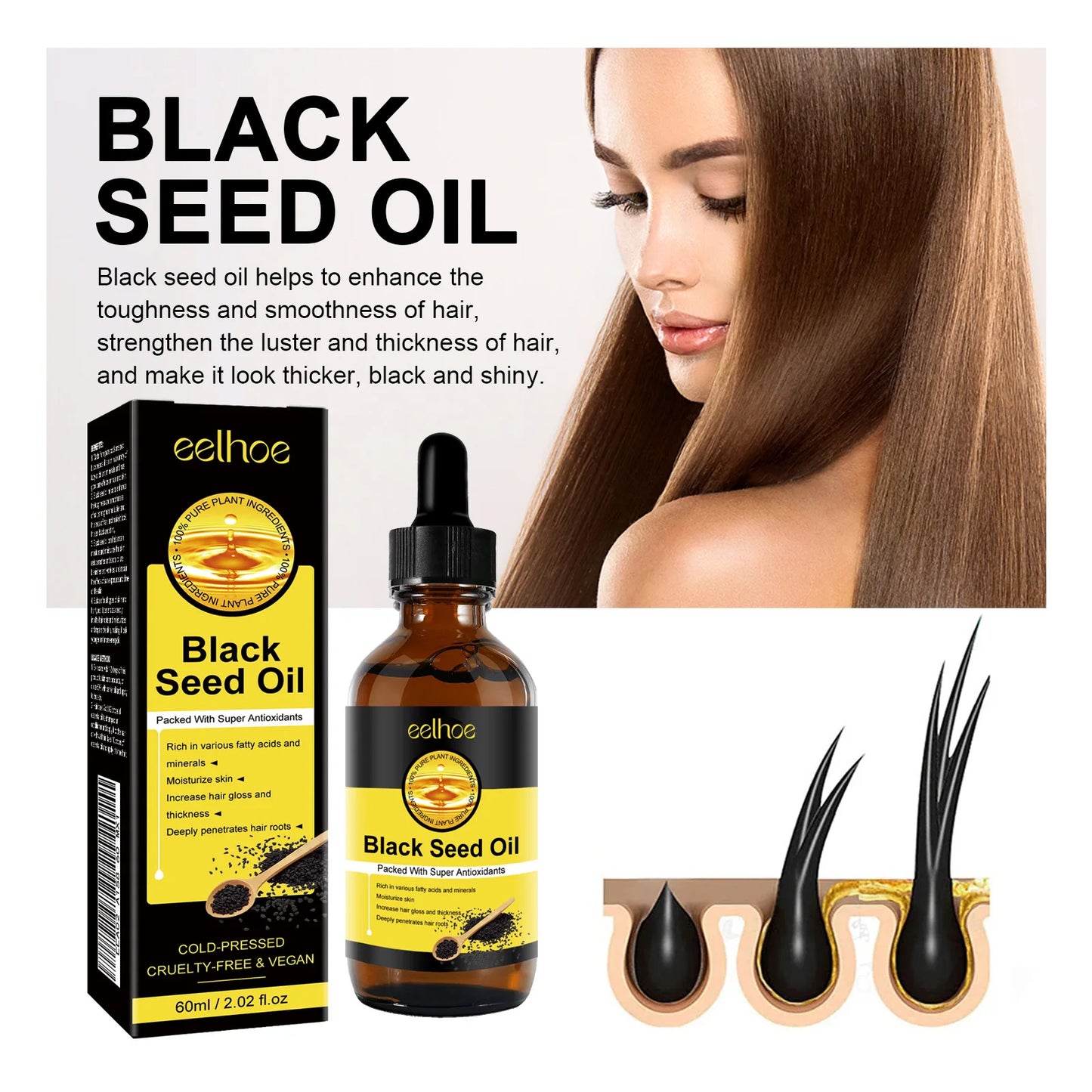EELHOE Black Seed Oil Natural Organic Scalp Care Baldness Treatment for Damaged Hair Growth Products Dense Anti Hair Loss Oil