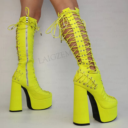 LAIGZEM Women Knee High Sandals Side Zip Up Pumps Shoes Lace Platform Cosplay Party Show Ladies Girls Shoes Woman Big Size 43 47