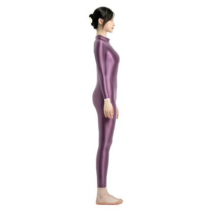 MJINM Sexy Shiny Bodysuit Tight-fitting Oil Smooth Back Zipper Overalls Yoga Zentai Suits Casual Sport Tights Catsuit Jumpsuits