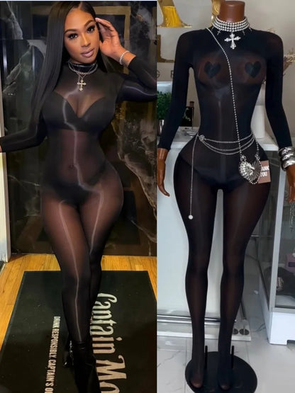 Joskaa See Through Jumpsuit High Stretchy Solid Long Sleeve Slim Bodyshape Socks Seamless Satin-Like Christmas New Year Outwear