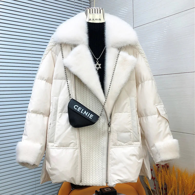 OFTBUY Fashion Autumn Winter Real Mink Fur Coat Women Natural White Goose Feather Down Jacket Luxury Outerwear Loose Streetwear