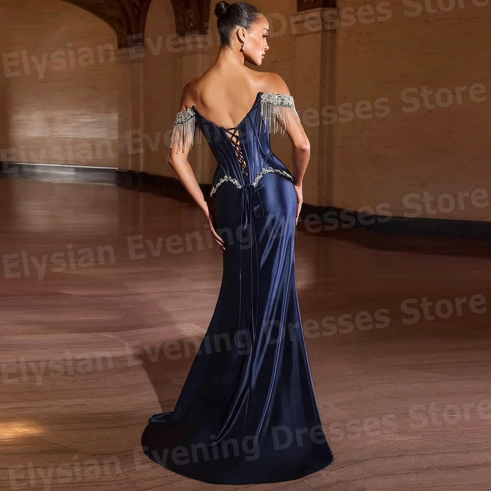 Elegant Women's Mermaid Off Shoulder Beaded Side Slit Evening Dresses Customized Robe De Soirée Prom Gowns Vestidos Para Mujer