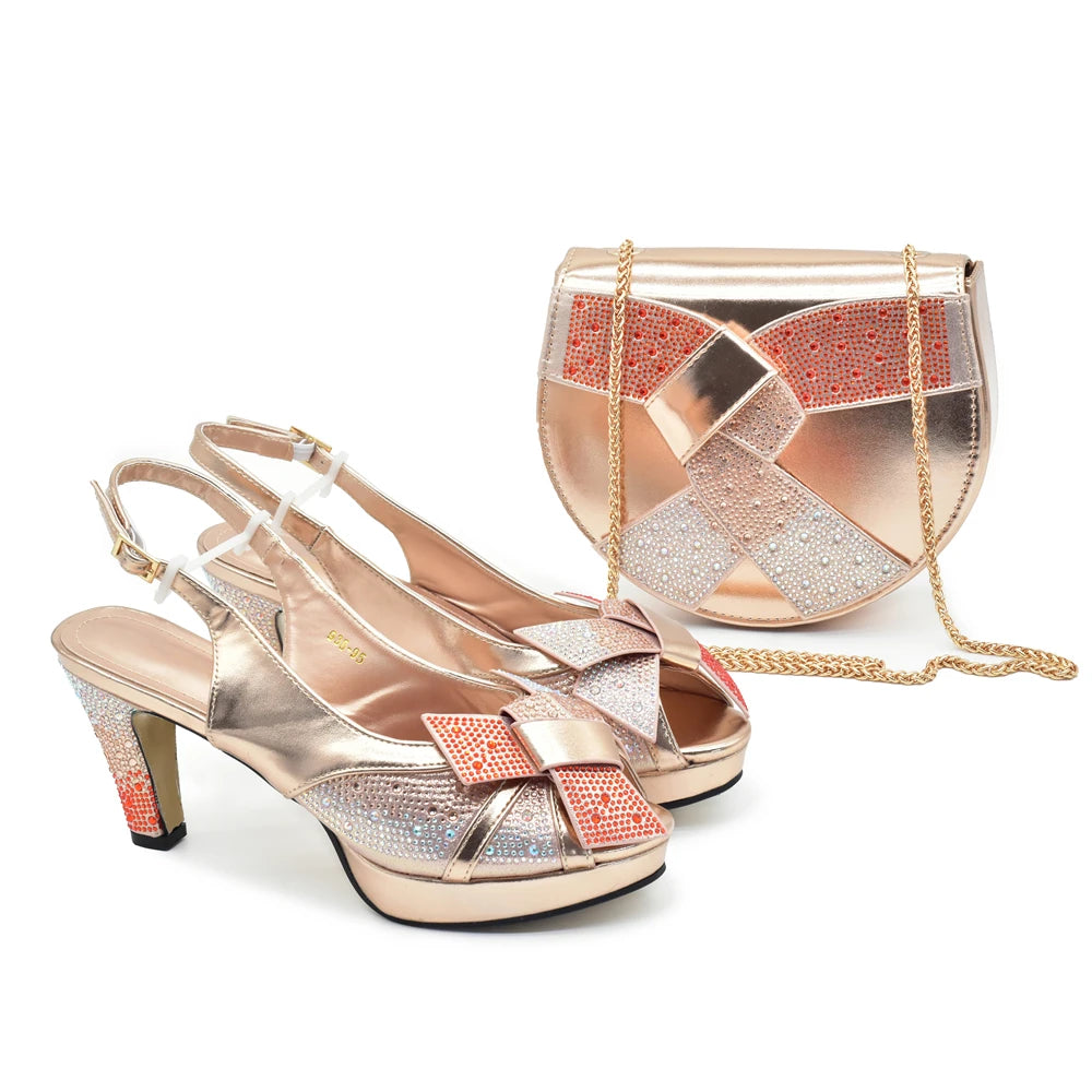 New Fashion Coffee Shoe and Bag Set for Party in Women Rhinestone Heeled Shoes for Women Ladies Party Shoes with Matching Bag