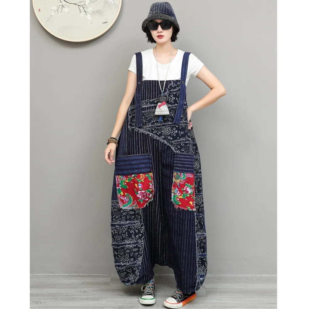Unique Niche Women Cotton-linen Patchwork High-waist Overalls Large Pockets Sleeveless Jumpsuit LX6266