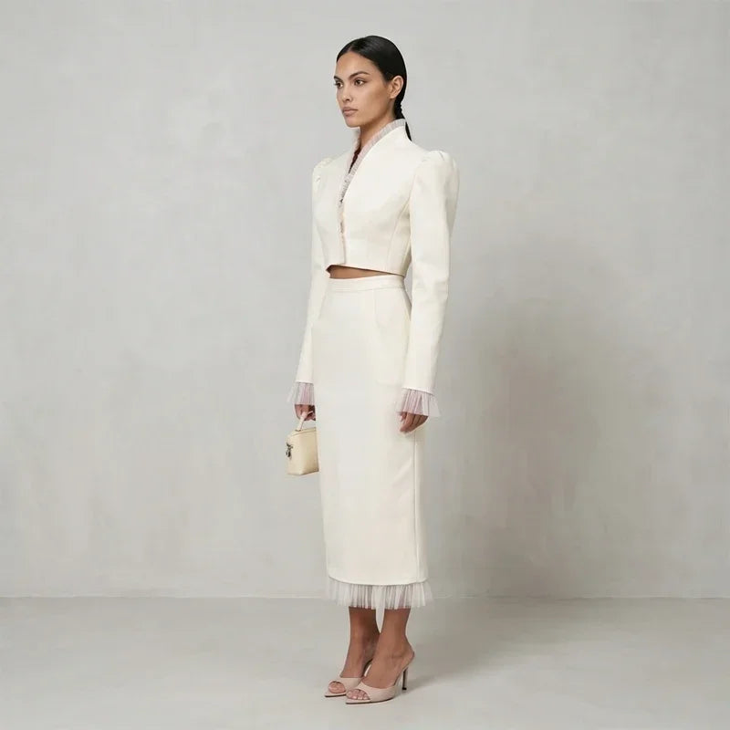 White Women's mesh two piece set Puff Sleeve V Neck blazer two piece dress set Daily Commuter Party  Outfit 2026 Summer Style
