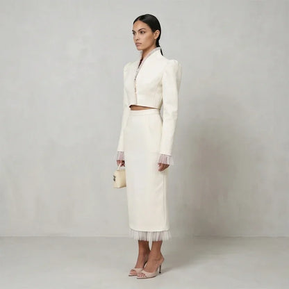 White Women's mesh two piece set Puff Sleeve V Neck blazer two piece dress set Daily Commuter Party  Outfit 2026 Summer Style