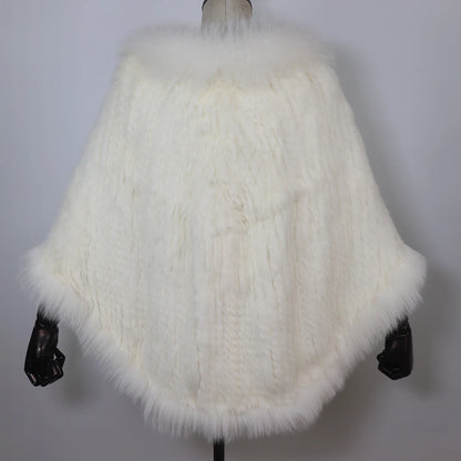 Women 100% Real Rabbit Fur Shawl Scarf With Fox Fur Collar Winter Warm Knitted Rabbit Fur Poncho Girls Party Fashion Accessories