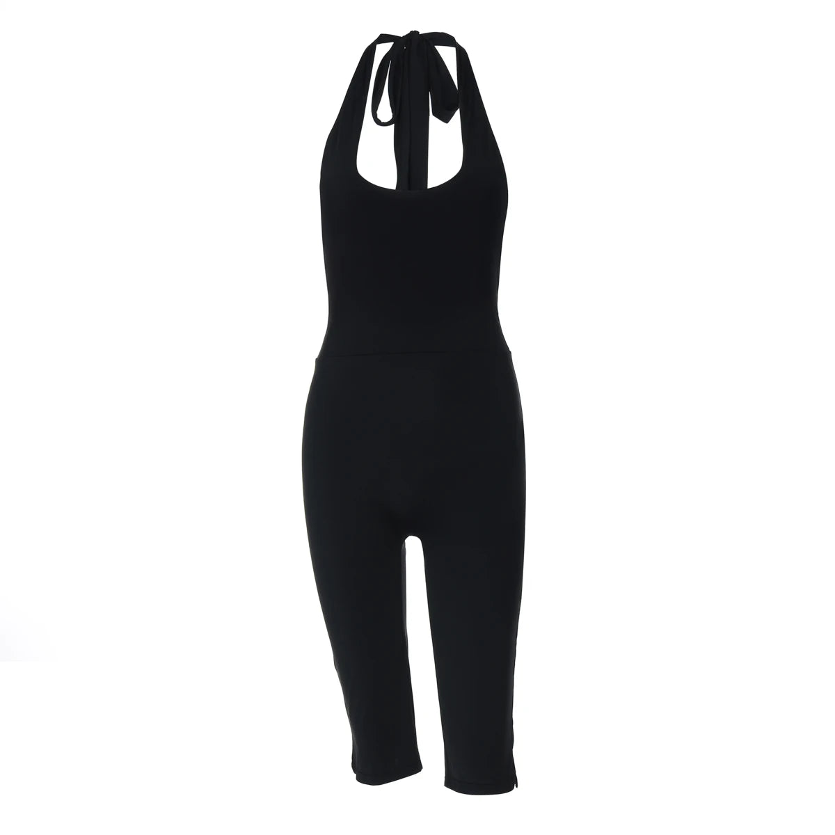 Hugcitar Halter Square Collar Black Sexy Backless Bandage Slit Skinny Playsuit Fashion Women One Piece Romper Streetwear Fitness