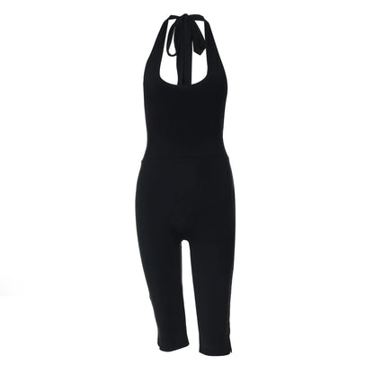 Hugcitar Halter Square Collar Black Sexy Backless Bandage Slit Skinny Playsuit Fashion Women One Piece Romper Streetwear Fitness