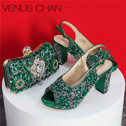 2024 Latest Italian Design African Women's High Heels Round Head Sandals Party Wedding Party Golden Color Shoes and Bags Set