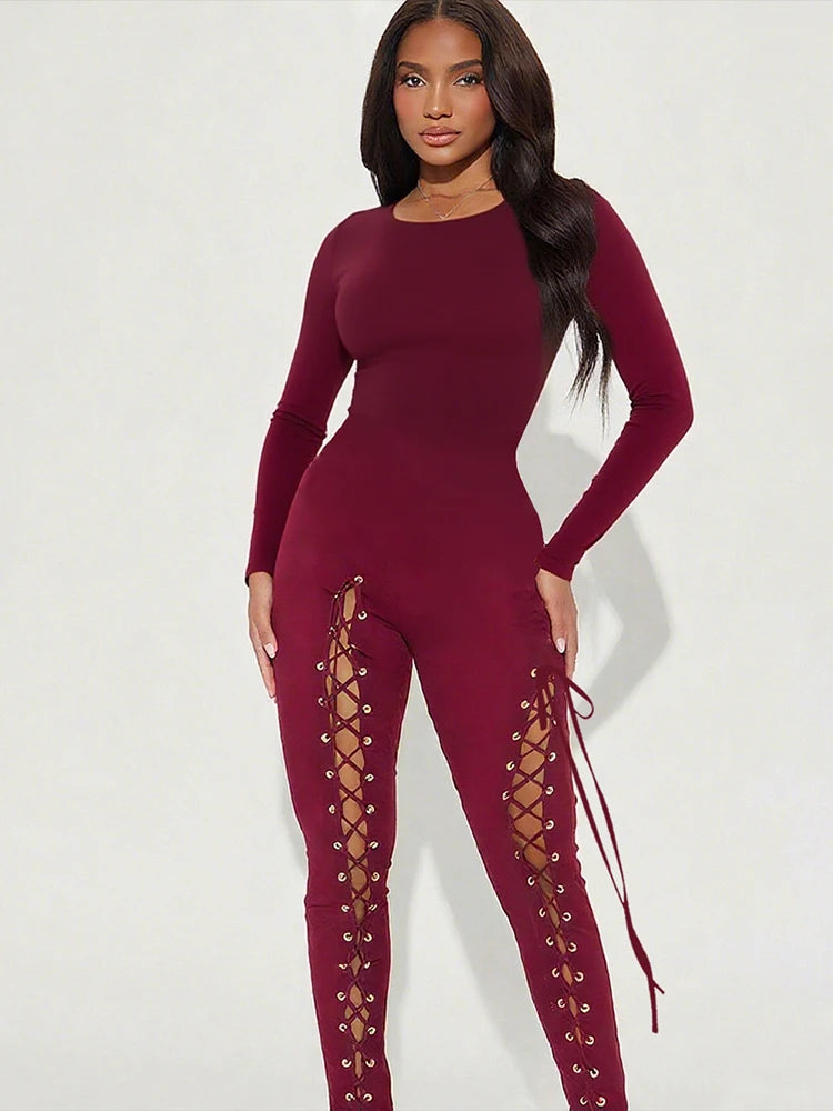 Sisterlinda Sexy Fashion Jumpsuits Woman o-Neck Full Sleeve Shirring Hollow Skinny Peach Hip Hot Girls Midnight Party Clubwear