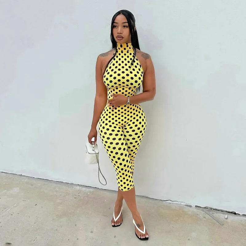 FAGADOER Fashion Color Dot Printing Bodycon Jumpsuits Woman Halter Sleeveless Backless Rompers Female Streetwear Overalls 2026