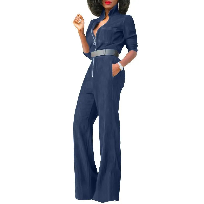 2024 Spring New Women's Jumpsuit Street Style Retro Washed Denim Fabric Lapel Half Open Long Sleeved Women's Jumpsuit