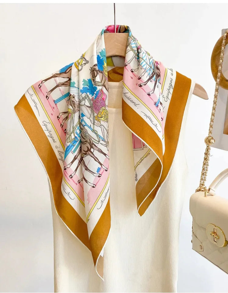 100% Mulberry Silk Square Scarf Vintage Equestrian Horse Saddle Print Bandana Unisex Neck Head Wrap Office Travel Holiday Gift