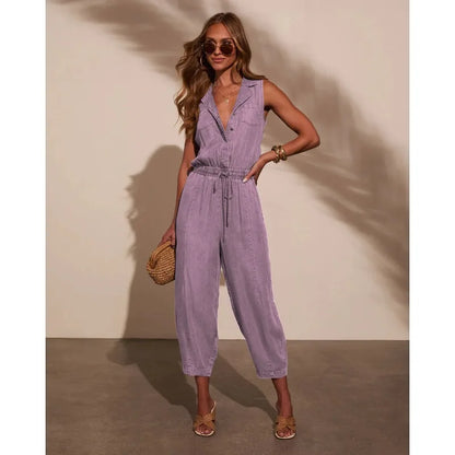 Women Jumpsuits Sleeveless Denim Pants One Piece Drawstring Pockets Rompers Solid Spliced Casual Button Jeans Overalls
