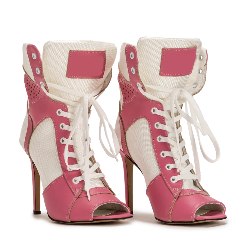 Peep Toe Corss Tied Patchwork Ankle Boots Sexy Square Toe Thick Heel New Arrivals Fashion Women Runway Shoes