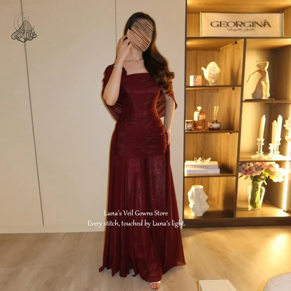 LunaV Square Neck Cape Sleeve Elegant Evening Dress Ruched Chic Robes De Soirée Glam Mermaid Floor Length Prom Dress Custom